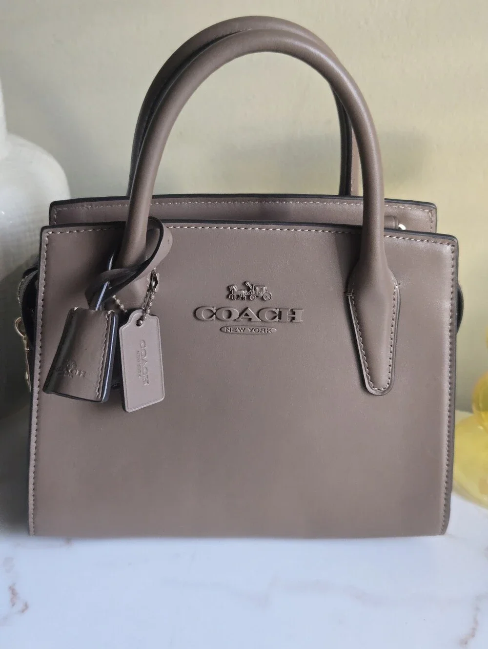 Like New Coach Andrea Dark Stone Carryall Satchel Bag Without Strap